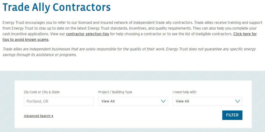 Screenshot of the Find A Contractor tool on Energy Trust's website.