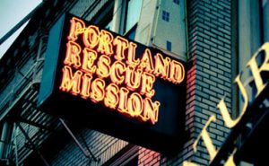 Close-up of the Portland Rescue Mission sign