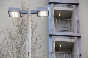 Exterior lighting at a multifamily property.