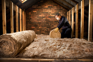 man installing insulation in an attic