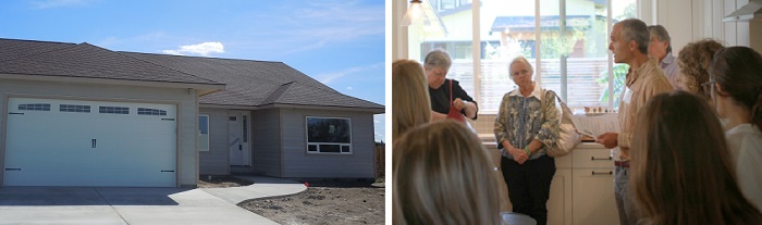 two photos side by side on the left a newly constructed house on the right a gathering of people in a kitchen
