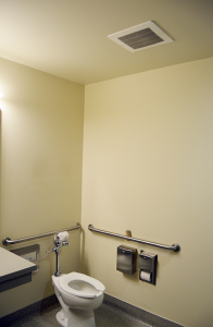 a bathroom with a ceiling installed fan