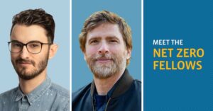 Promotional image divided into three vertical sections. Left: person with short dark hair, glasses, and a patterned button-up shirt. Center: person with light brown hair and beard, wearing a dark jacket over a blue shirt. Right: blue background with diagonal lines and bold white text reading “MEET THE NET ZERO FELLOWS.”