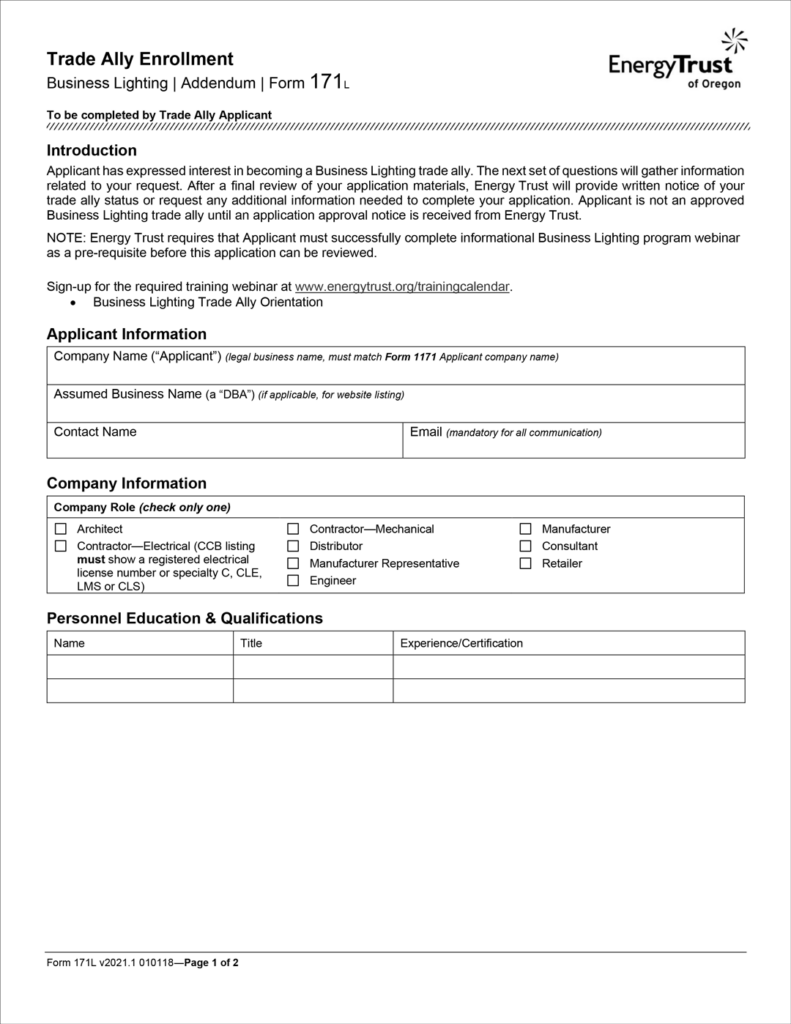 Updated Business Lighting Trade Ally Addendum (form 171L) terms and ...