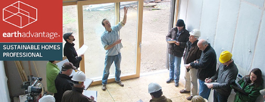 group of building professionals in an unfinished room text reading earth advantage sustainable homes professional