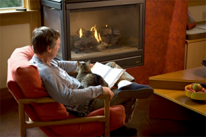 man sitting in car with a cat on his lap reading by the fire