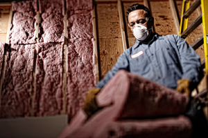 a workmen with mask installing insulation