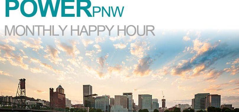 city scape of portland oregon text reading power pacific northwest monthly happy hour